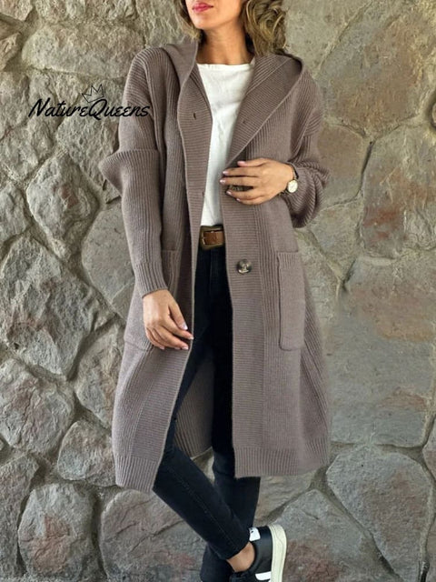 Women's Solid Color Knitted Sweater Hooded Long Coat