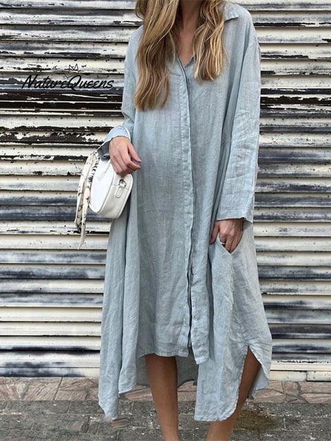 Women's Lapel Solid Color Cotton and Linen Shirt Dress