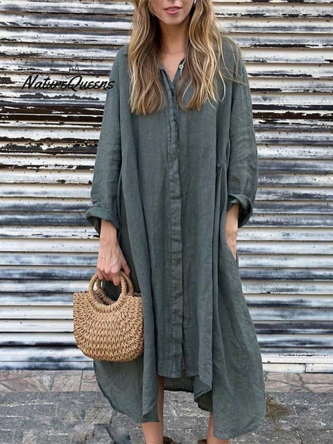 Women's Lapel Solid Color Cotton and Linen Shirt Dress