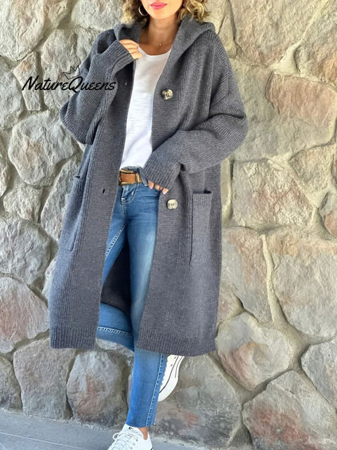 Women's Solid Color Knitted Sweater Hooded Long Coat