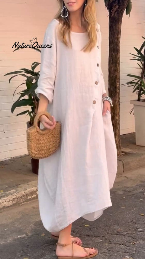 Women's Round Neck Long Sleeve Button Casual Cotton and Linen Dress