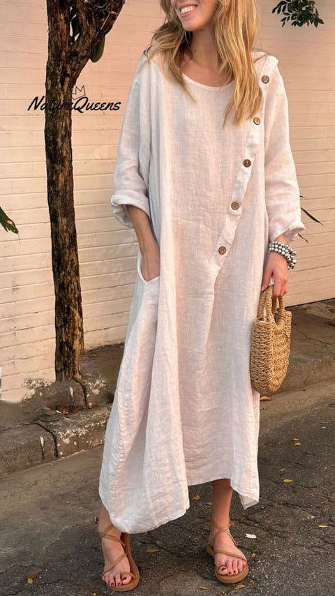 Women's Round Neck Long Sleeve Button Casual Cotton and Linen Dress