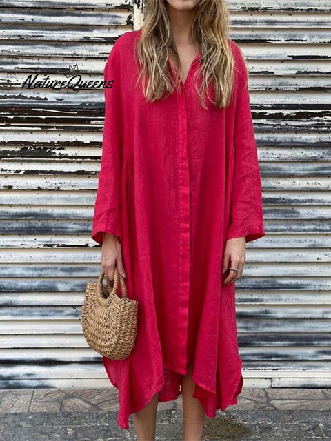 Women's Lapel Solid Color Cotton and Linen Shirt Dress