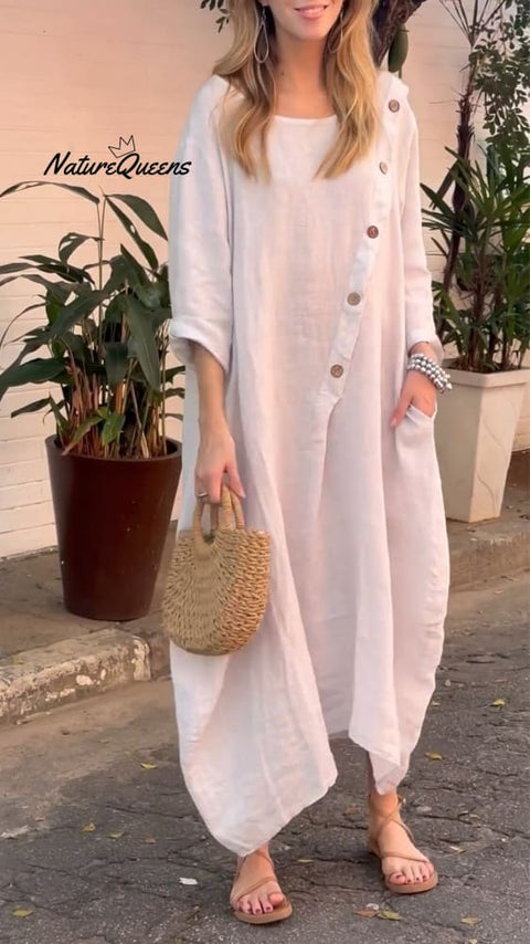 Women's Round Neck Long Sleeve Button Casual Cotton and Linen Dress