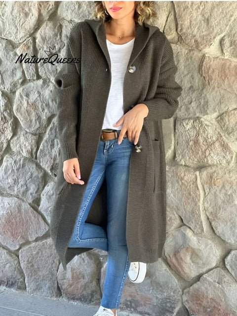 Women's Solid Color Knitted Sweater Hooded Long Coat