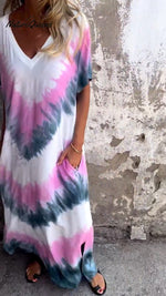 Tie - Dye V - Neck Long Comfortable Dress Pink / S(Us 6 - 8)