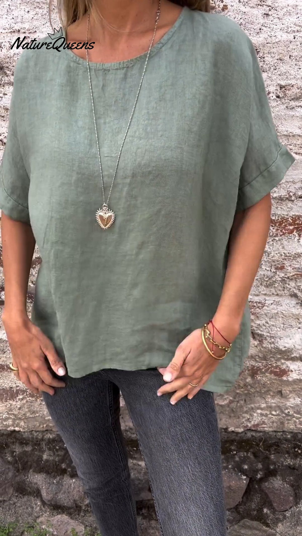 Round Neck Cotton And Linen T-Shirt Green / S(Us 6-8)