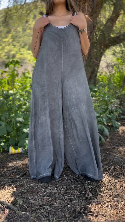 Distressed Washed V-neck Jumpsuit