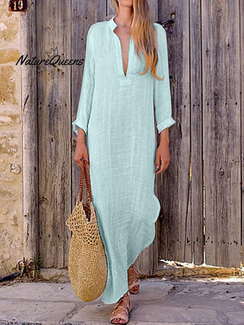 Women‘s Cotton Linen Dress Shirt Dress Casual Dress Shift Dress Maxi long Dress
