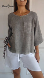 Women's Round Neck Mid-sleeve Cotton and Linen Top