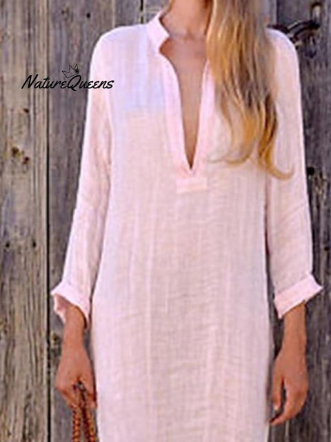 Women‘s Cotton Linen Dress Shirt Dress Casual Dress Shift Dress Maxi long Dress