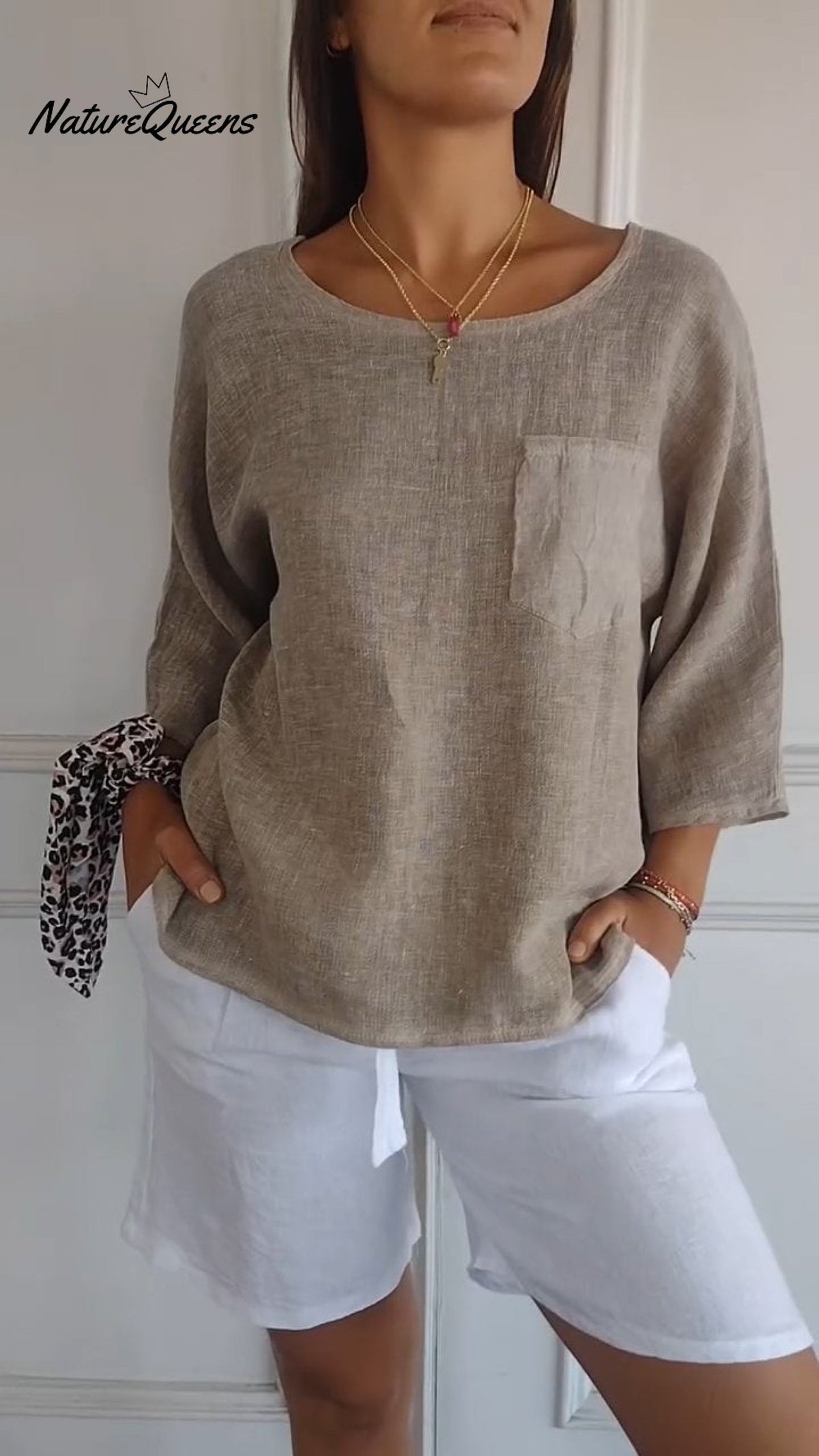 Women's Round Neck Mid-sleeve Cotton and Linen Top