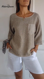 Women's Round Neck Mid-sleeve Cotton and Linen Top