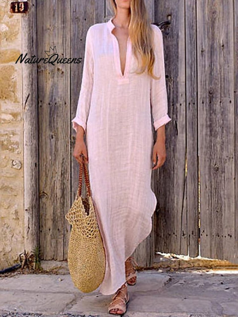 Women‘s Cotton Linen Dress Shirt Dress Casual Dress Shift Dress Maxi long Dress
