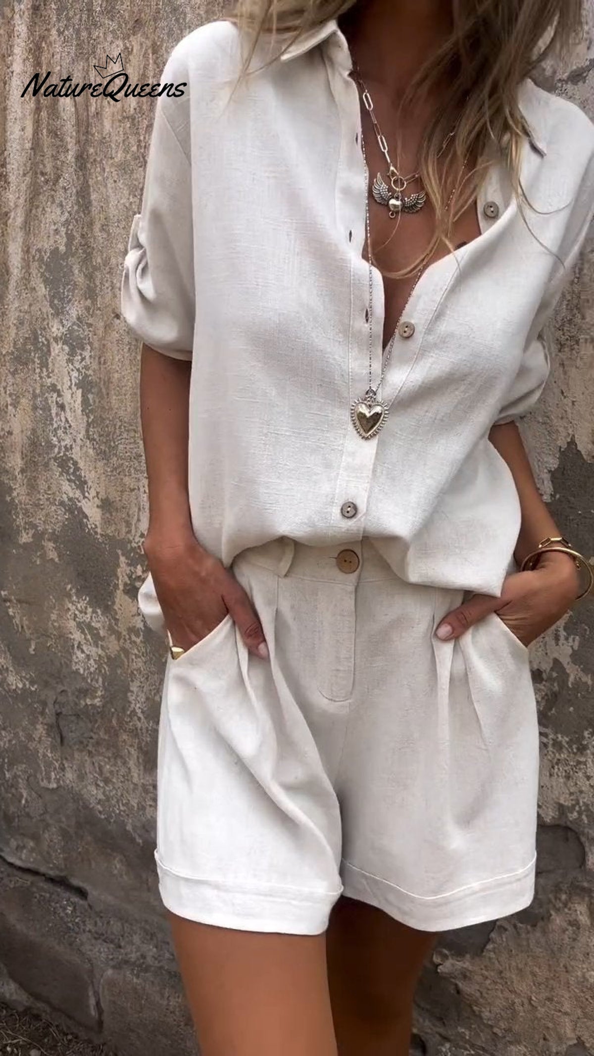 Middle Sleeves Cotton and Linen Lapel Shirt Suit