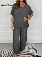 Women's Solid Color Cotton And Linen Short-sleeved Two-piece Suit