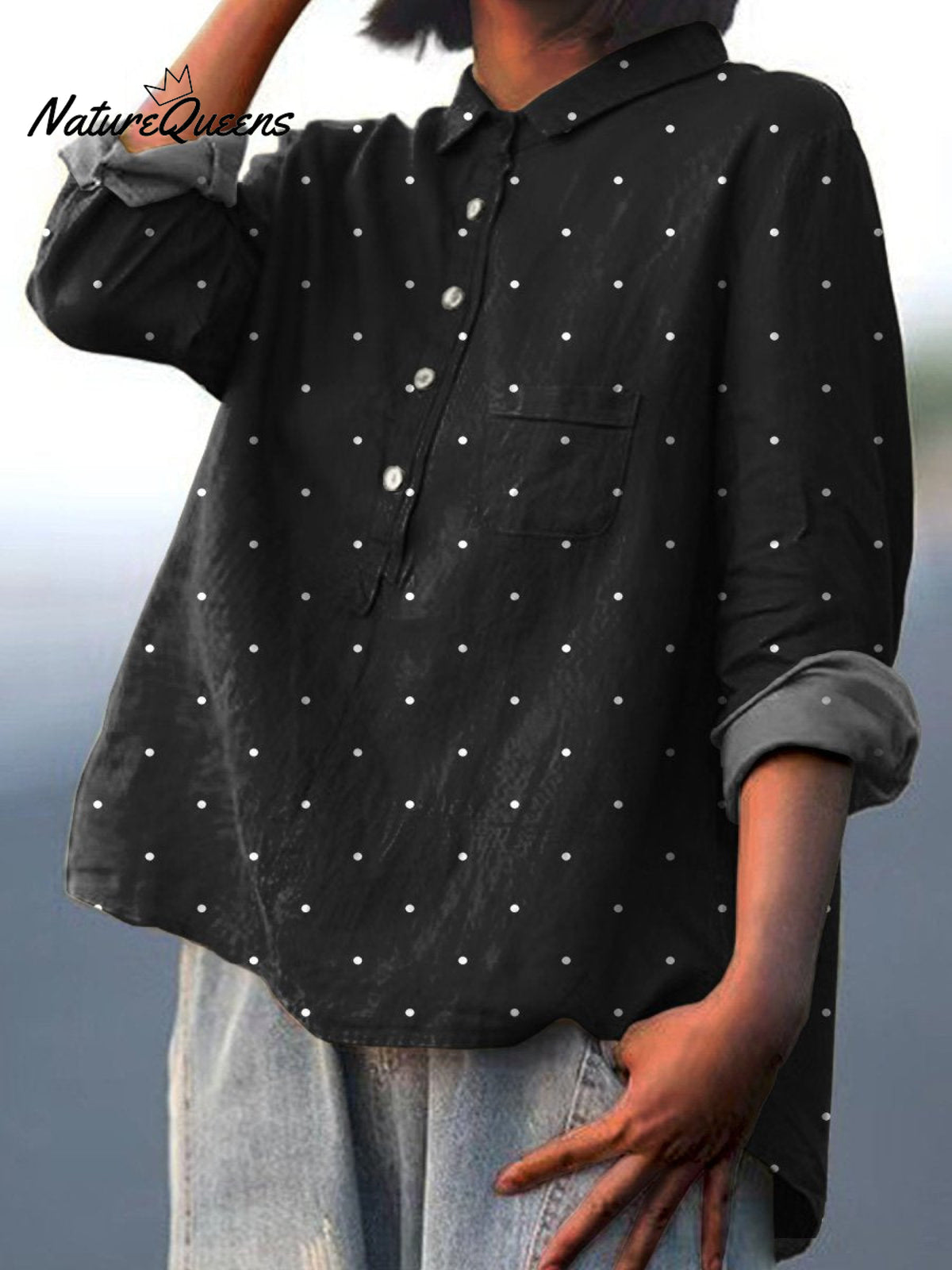 Polka Dot Pattern Printed Women's Casual Cotton And Linen Shirt