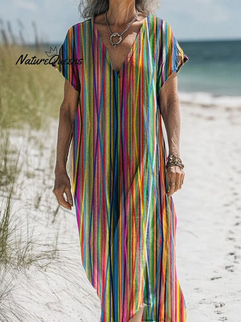 Rainbow Stripe Pattern Printed Women's Pocket Cotton Dress