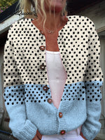 Blue Color-block Dotted Geometry Print Buttoned Cardigan Sweater