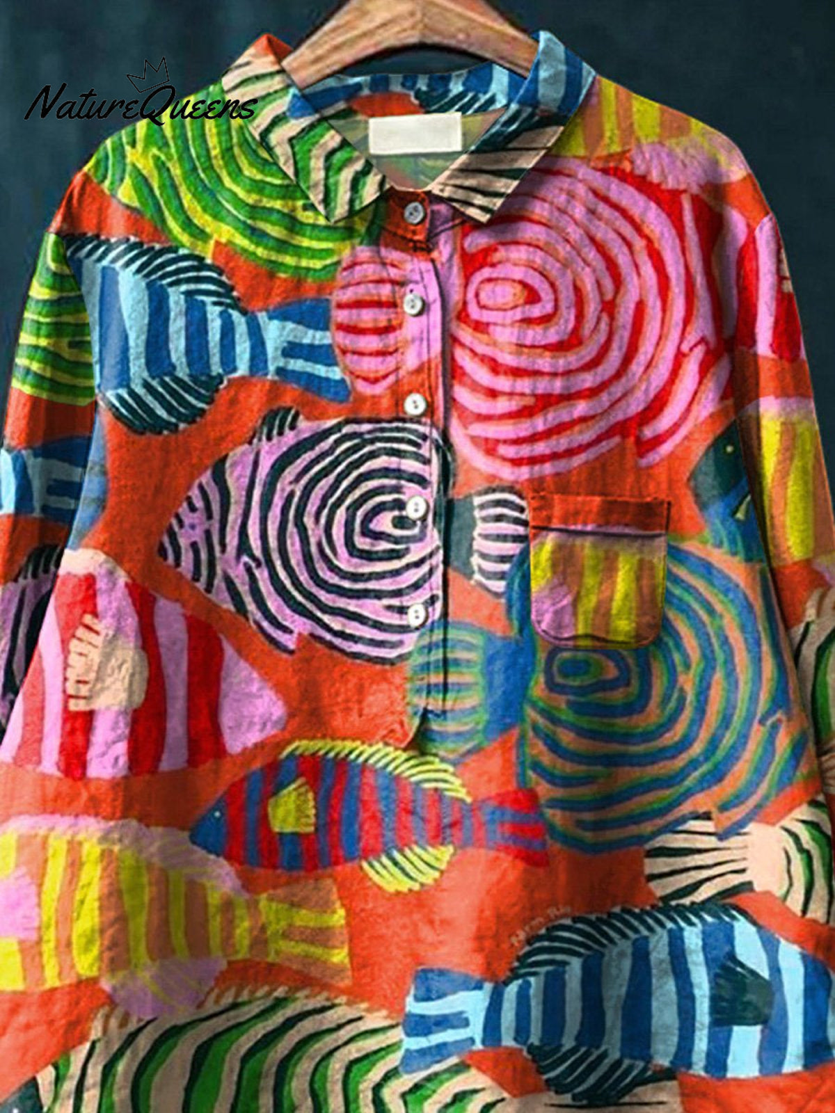 Colorful Abstract Fish Repeat Pattern Printed Women's Casual Cotton And Linen Shirt