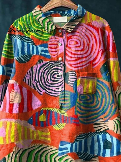 Colorful Abstract Fish Repeat Pattern Printed Women's Casual Cotton And Linen Shirt