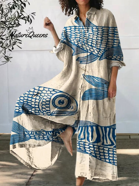Women's Blue Minimalist Line Fish Print Casual 100% Cotton Wide Leg Jumpsuit