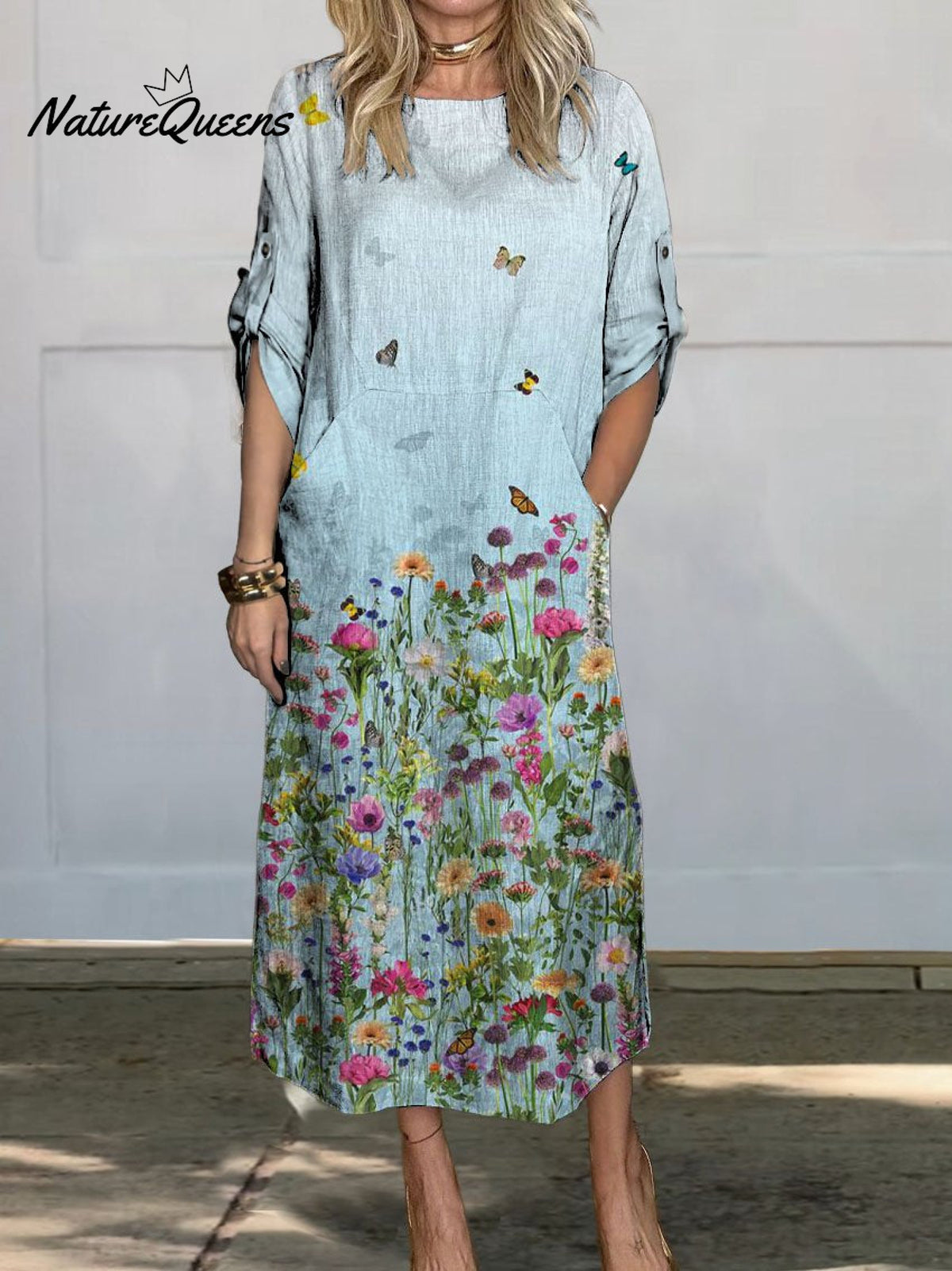 Women’s Flowers Art Print Comfortable Linen Pocket Dress Multicolor / S