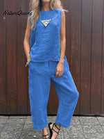 Women’s Tank And Casual Pants Linen Cotton Suit Blue / S