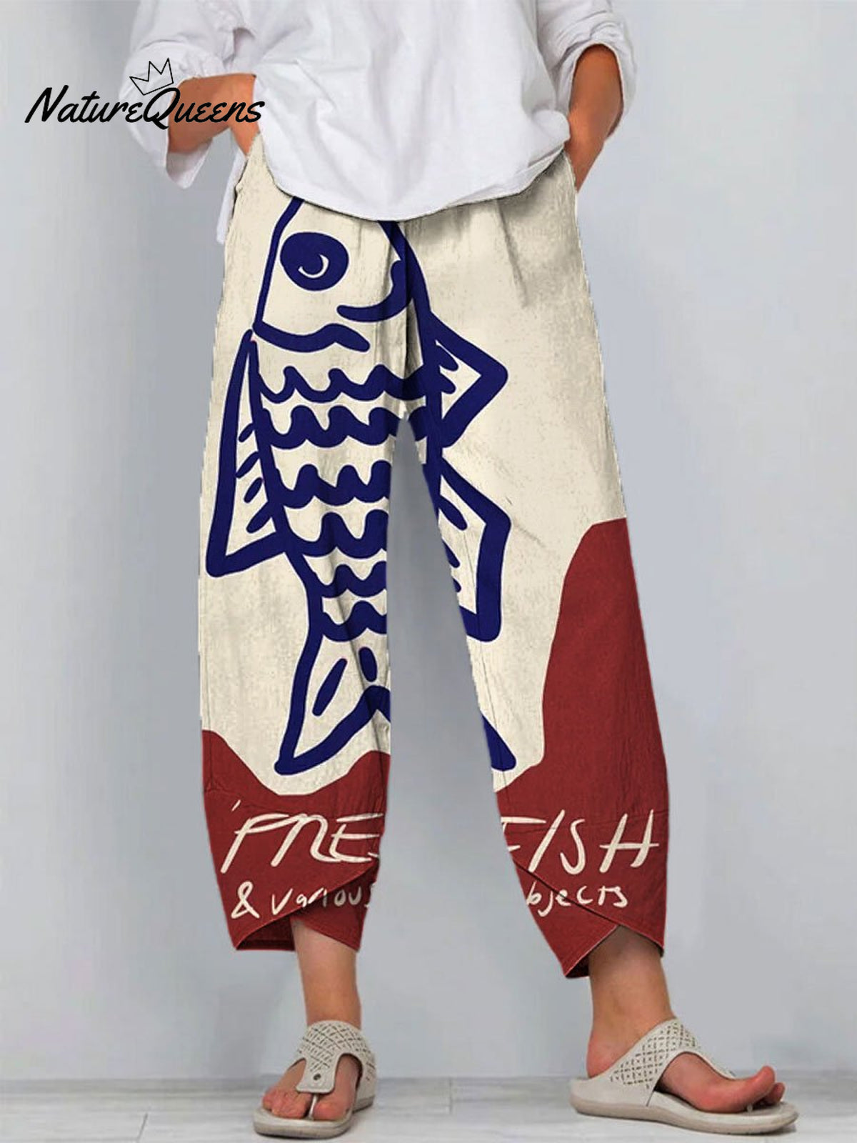Women's Vintage Fish Art Print Cotton And Linen Casual Pants
