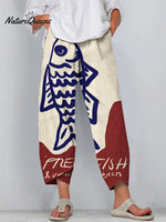Women's Vintage Fish Art Print Cotton And Linen Casual Pants