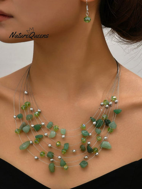 Bohemian Crystal Layered Necklace And Earrings Set