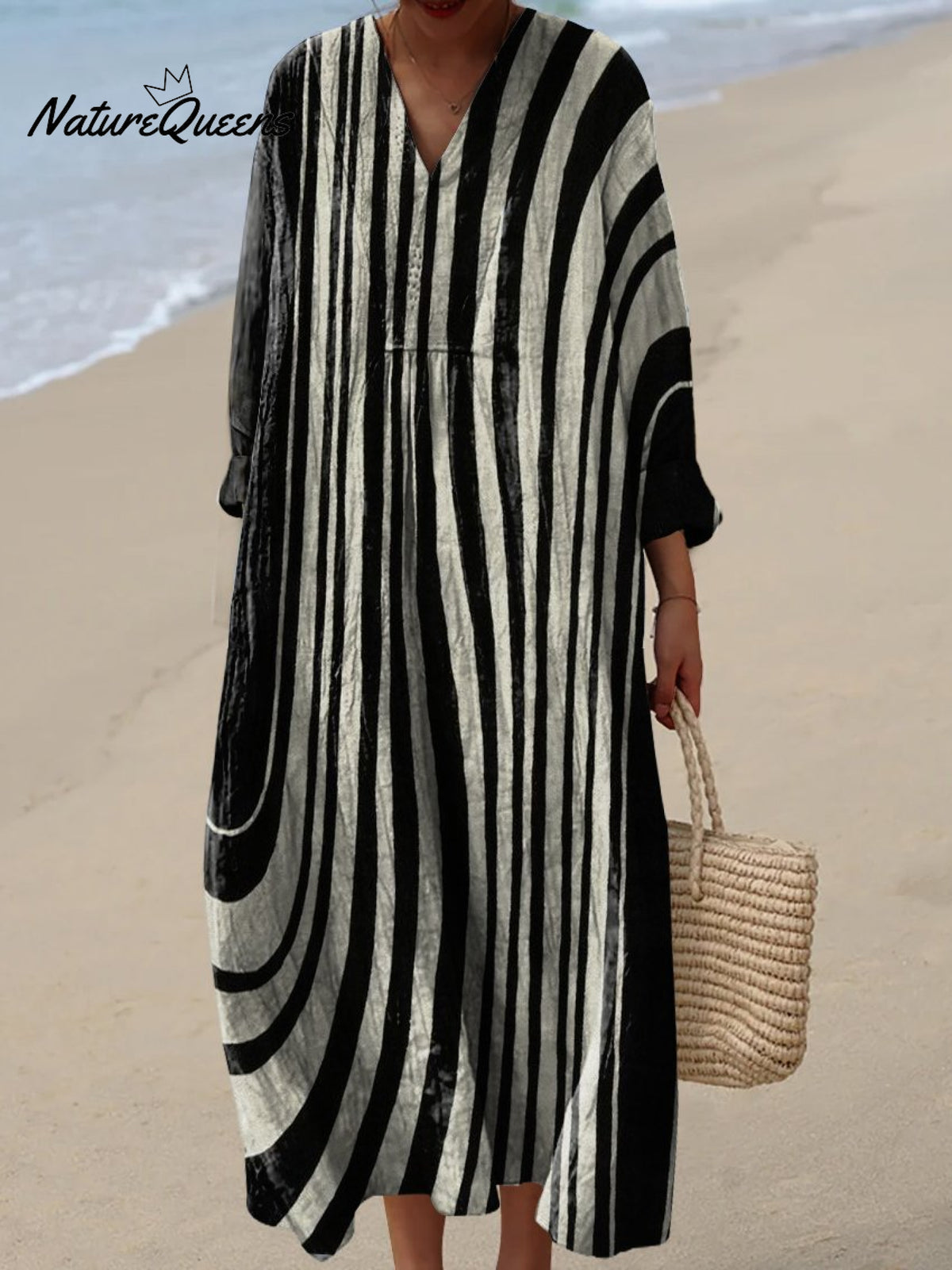 Women's Black and White Ripples Art Watercolor Splash Fluid Art Print Flowy Dress