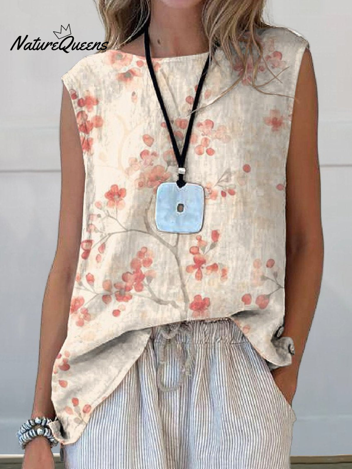 Women’s Retro Floral Art Print Casual Cotton And Linen Tank Top