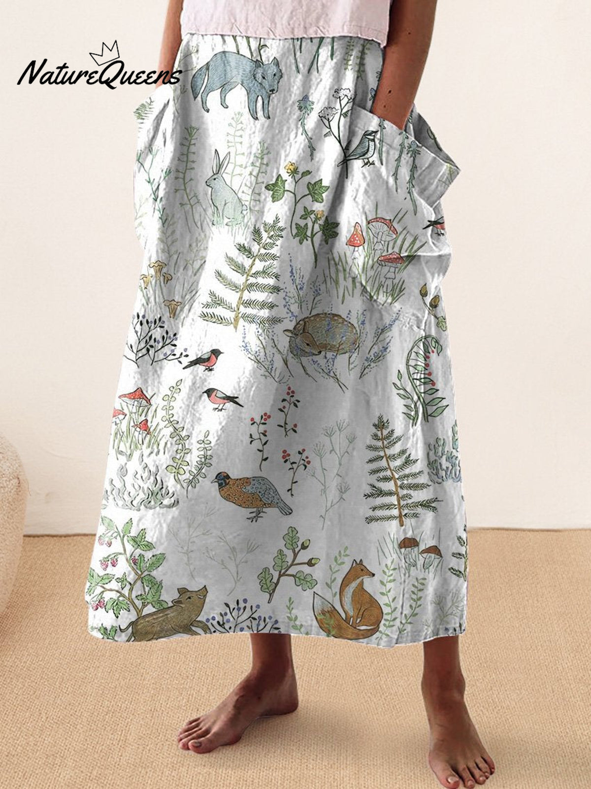 Woodland And Animal Pattern Printed Women’s Linen Pocket Skirt White / S