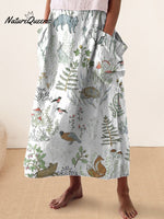 Woodland And Animal Pattern Printed Women’s Linen Pocket Skirt White / S