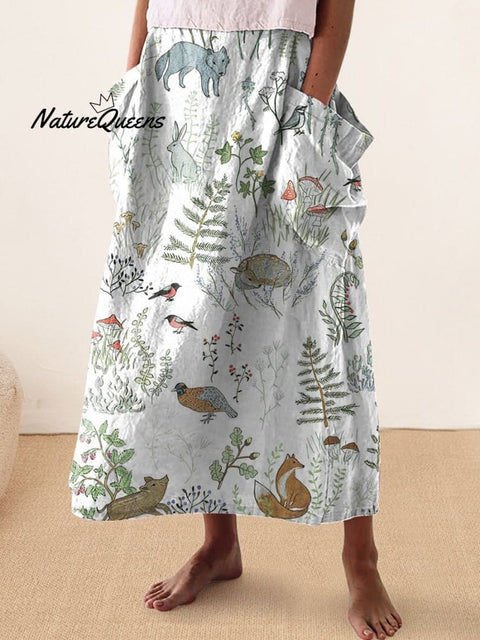 Woodland And Animal Pattern Printed Women’s Linen Pocket Skirt White / S