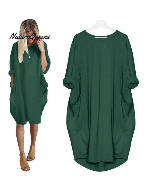 Women’s Solid Color Loose Elegant Casual Long - Sleeved Pocket Dress Green / S