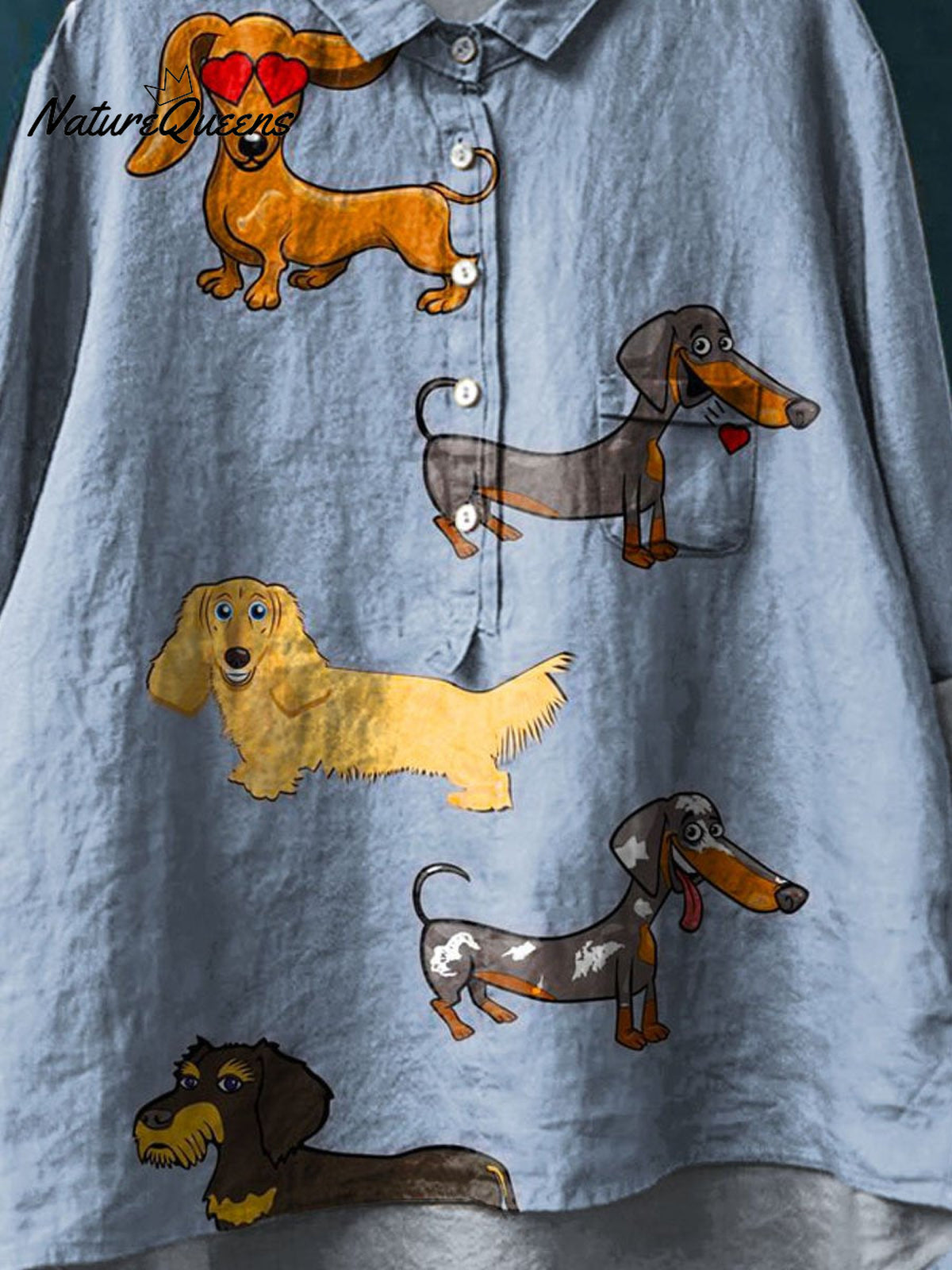 Vintage Lovely Dachshund Art Print Casual Cotton And Linen Shirt