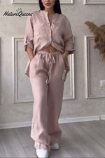 Casual solid color cotton and linen pants two-piece set