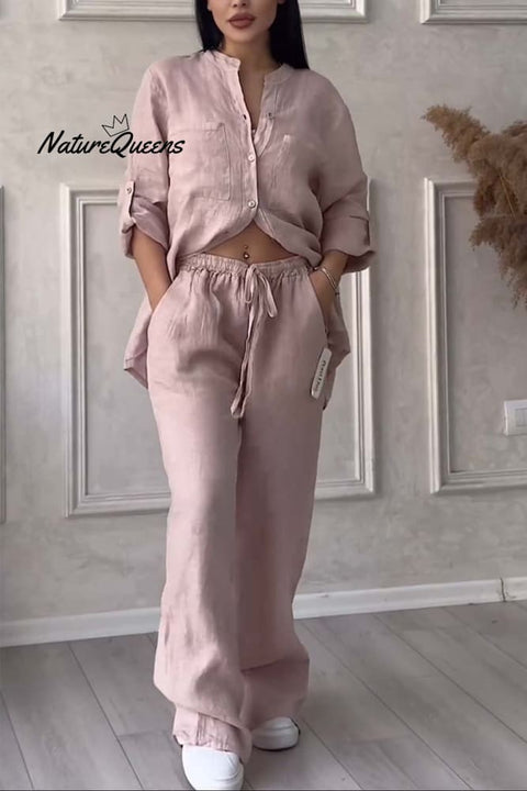 Casual solid color cotton and linen pants two-piece set