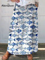 Watercolor Sea Fish Pattern Printed Women's Linen Pocket Skirt