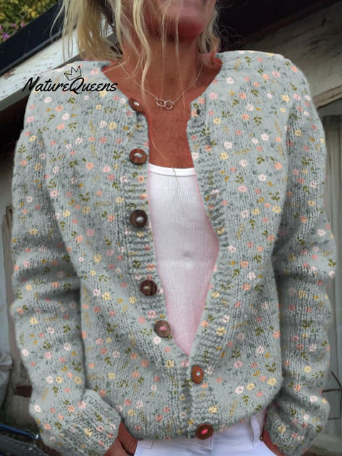 Green Floral Decorative Pattern Buttoned Cardigan Sweater
