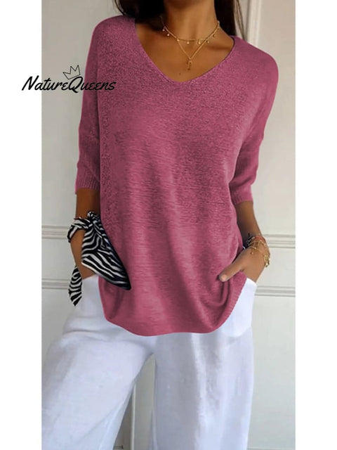 Women’s Solid Color Knitted 3/4 Sleeve V - Neck Top Rose Red / S