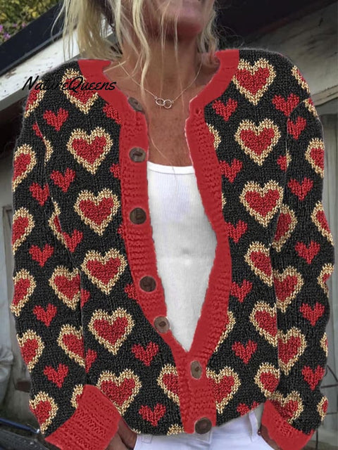 Women's Lovely Hearts Valentine's Day Art Print Buttoned Cardigan Sweater