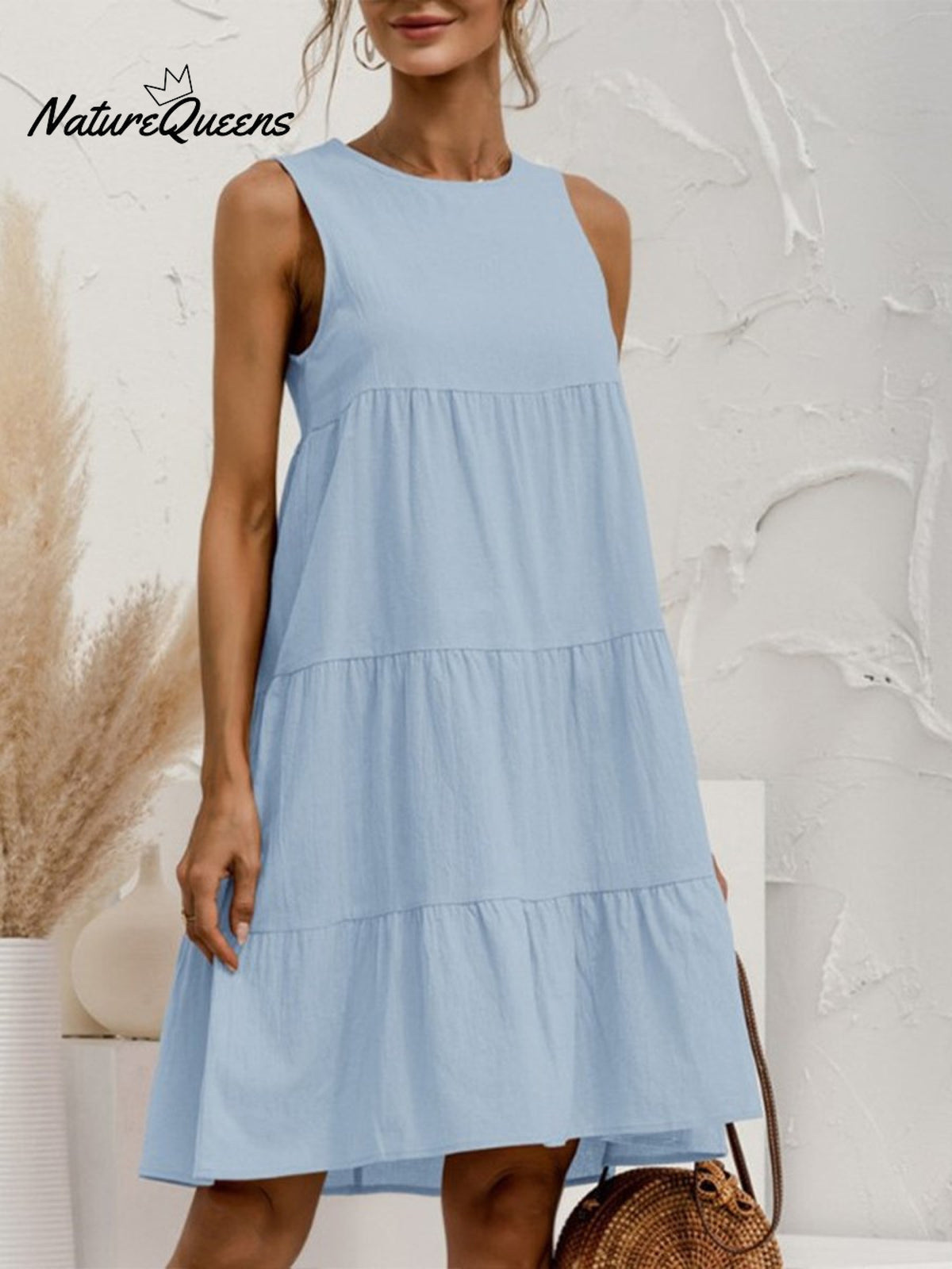 Cotton And Linen Sleeveless Crewneck Dress Blue / S