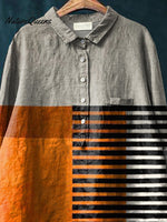 Artistry Color Block Art Printed Women's Casual Cotton And Linen Shirt