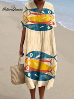 Women's Vintage Fish Sardine Art Print Flowy Dress