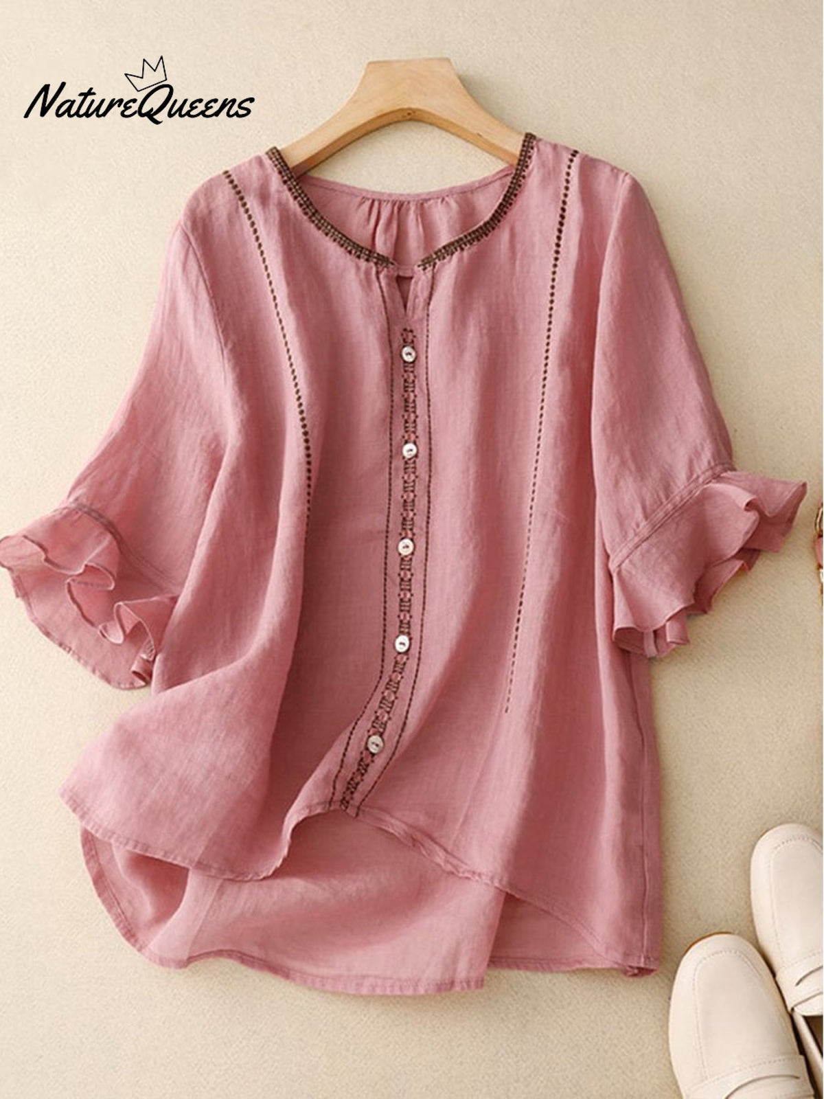 Loose Casual Embroidered Ruffle Sleeve Patchwork Shirt
