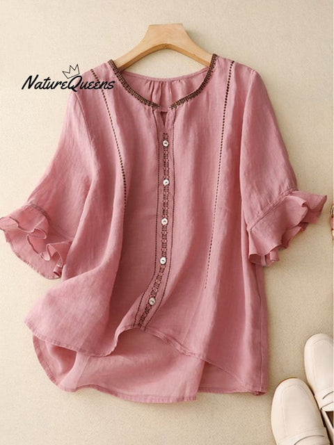Loose Casual Embroidered Ruffle Sleeve Patchwork Shirt