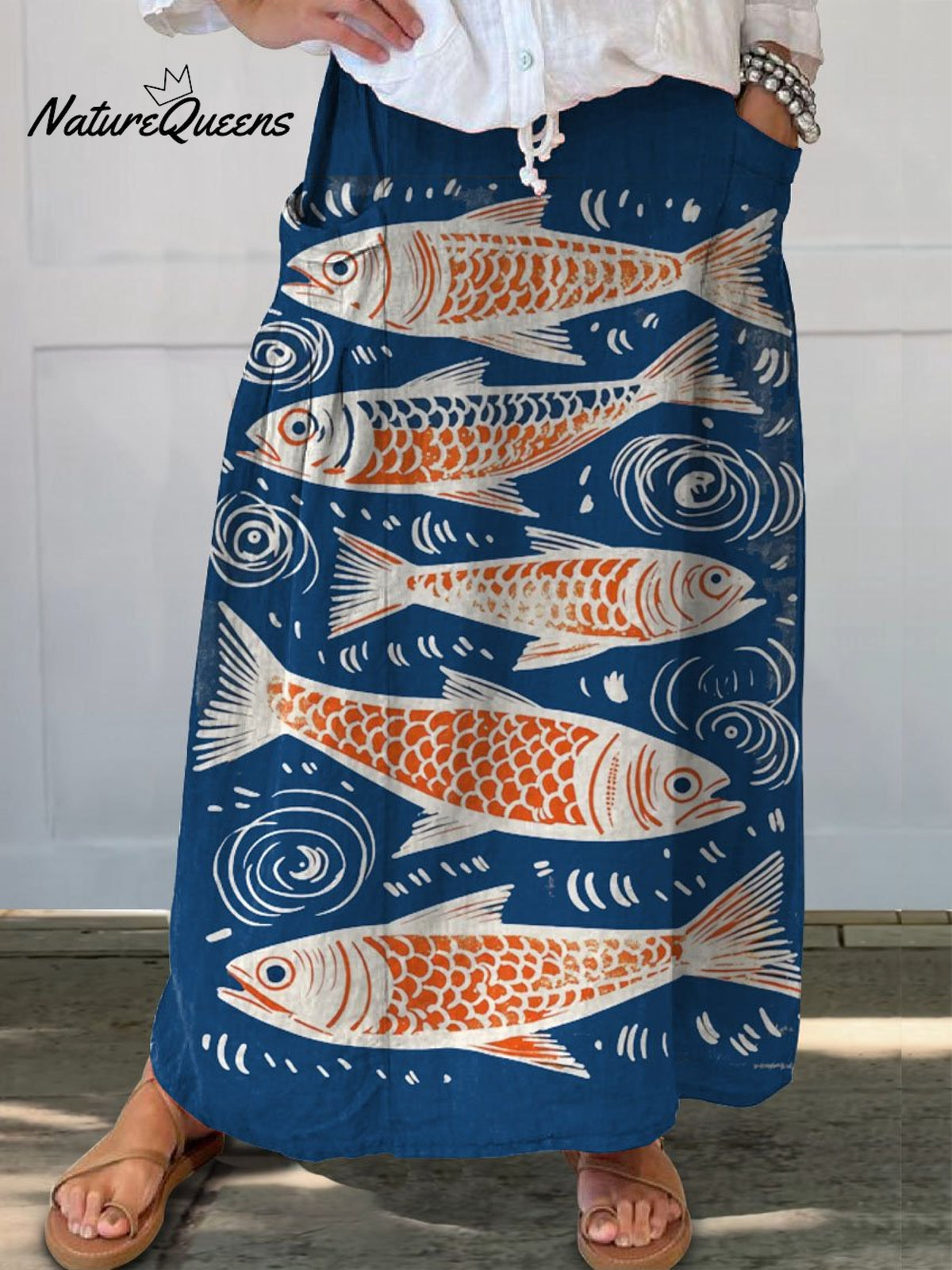 Women's Vintage Lovely Fish Art Print Casual Linen Pocket Skirt